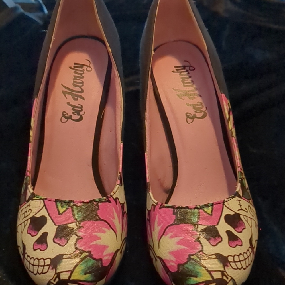 Ed Hardy Pink and Black Skull Heels